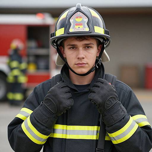 Photograph of a young male firefighter in black uniform with yellow stripes, black gloves, and helmet, standing in front of a blurred red fire truck.