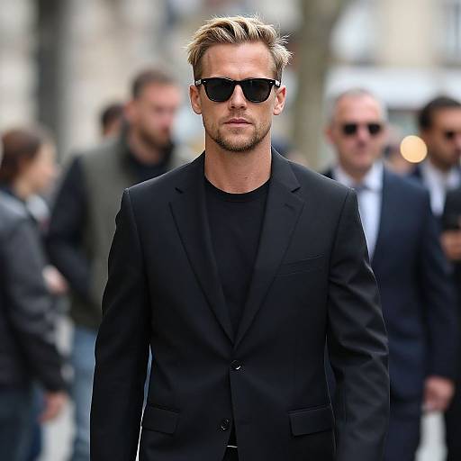 Photograph of a handsome, blonde, bearded man in a black suit and sunglasses, walking confidently in a blurred urban crowd.