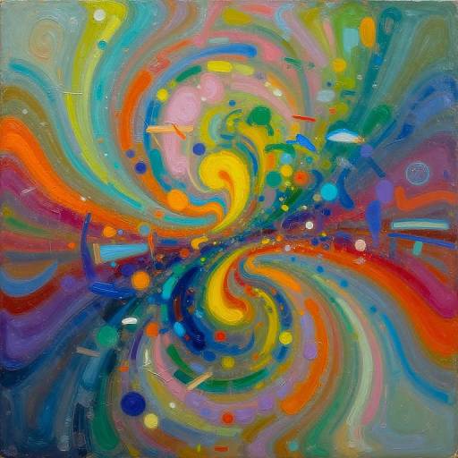 Vibrant abstract painting with swirling, colorful patterns in red, blue, yellow, green, and orange, creating a dynamic, energetic visual.