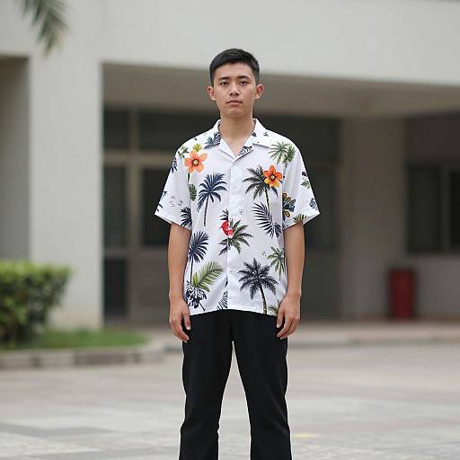 Photograph of a young Asian man with short black hair, wearing a white floral shirt, black pants, standing outdoors in front of a blurred building.