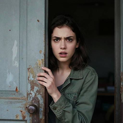 Mysterious Young Woman at Weathered Door