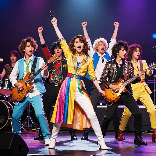 Photograph of vibrant rock band performing on stage, featuring diverse members with colorful outfits, raising arms in energetic poses, playing electric guitars under bright stage lights