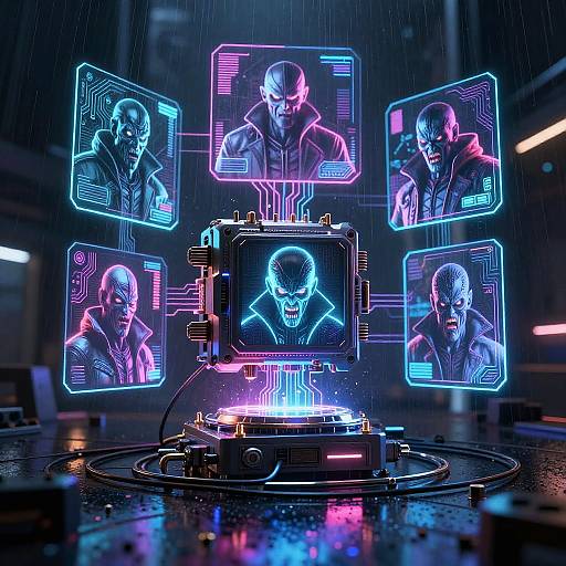 Neon-lit cyberpunk scene: holographic portraits of six bald, menacing figures with glowing eyes surround a central, illuminated console in a rainy,