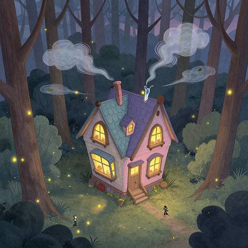 Whimsical, night-time forest illustration of a glowing, fairy-tale cottage with a blue roof, lit windows, and a smoking chimney, surrounded
