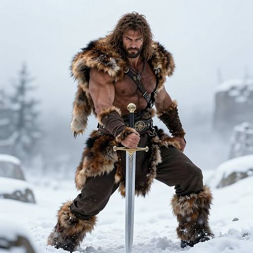 Muscular bearded man in fur armor stands in snow, gripping a sword. Intense expression, winter background, fantasy warrior style. Photograph.