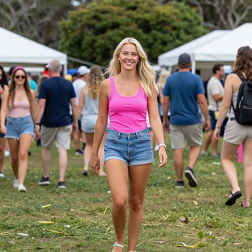 Photograph of a smiling blonde woman in a pink tank top and blue denim shorts, walking through a grassy outdoor event with white tents and people in