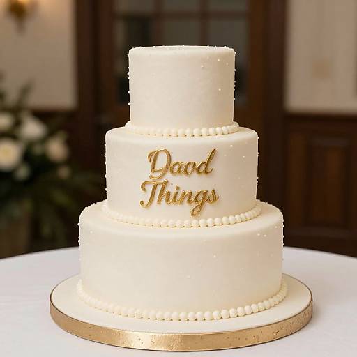 Photograph of a three-tiered white wedding cake with 