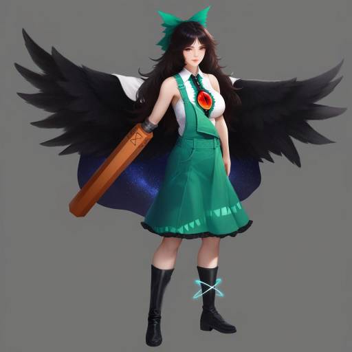 Elegant Anime Girl with Black Wings and Arm Cannon