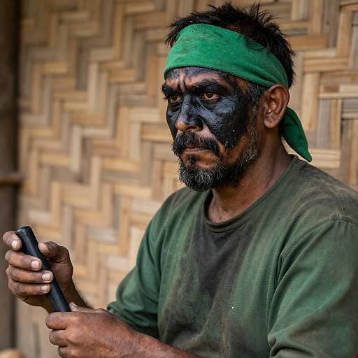 Man with Black Face Paint and Green Headband
