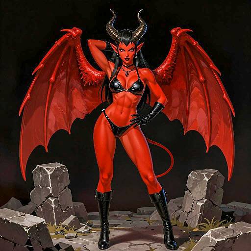 Confident Demon Woman in Dark Ruins