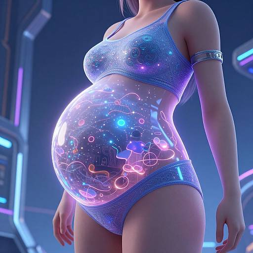 Digital CGI of a pregnant woman in glowing blue lingerie with a neon-lit, transparent belly, standing in a futuristic, blue-lit environment.