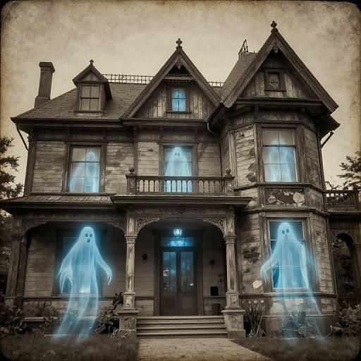 Photograph of a spooky, old Victorian house with glowing blue ghostly figures in the windows and on the porch.