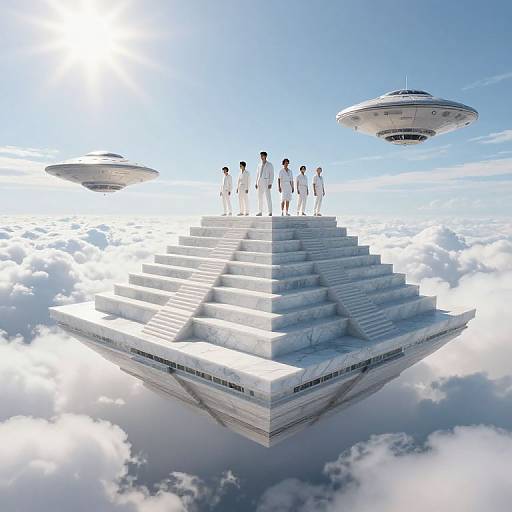 Digital art: Group of seven people in white robes standing on floating white steps, surrounded by clouds, with three UFOs in bright blue sky. Sun