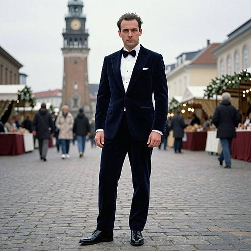 Photograph of a tall, handsome man in a black tuxedo standing in a cobblestone market square, with blurred Christmas market stalls and clock
