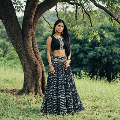 Indo Western Woman in Black Crop Top and Skirt Outdoors