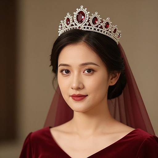 Photograph of an Asian woman with fair skin, black hair, and red lipstick, wearing a silver tiara with red gemstones, a red velvet
