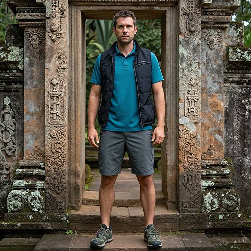 Adventurous Man at Ancient Stone Temple