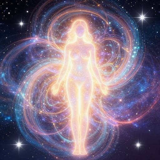 Digital art of a glowing, ethereal figure surrounded by swirling, colorful cosmic rings against a starry, dark blue space background.