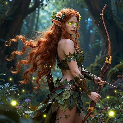 Digital fantasy artwork of a glowing-eyed, red-haired elf archer with leafy armor, holding a bow in a mystical forest.
