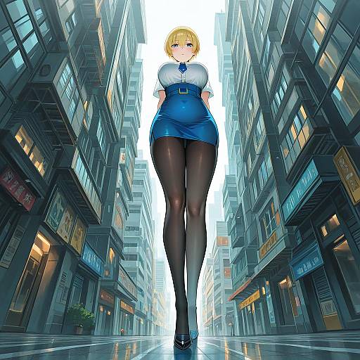 Anime Woman in Blue Dress Overlooking from Below