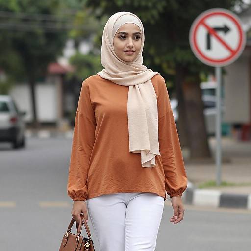 Young Woman in Beige Hijab on Street