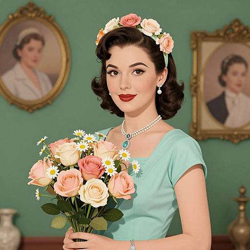 Vintage-style digital illustration of a fair-skinned woman with dark hair, wearing a light blue dress, flower crown, and pearl necklace, holding a bouquet