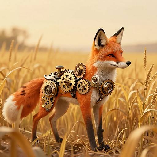 Digital artwork of a red fox with gears and cogs integrated into its body, standing in a golden wheat field.