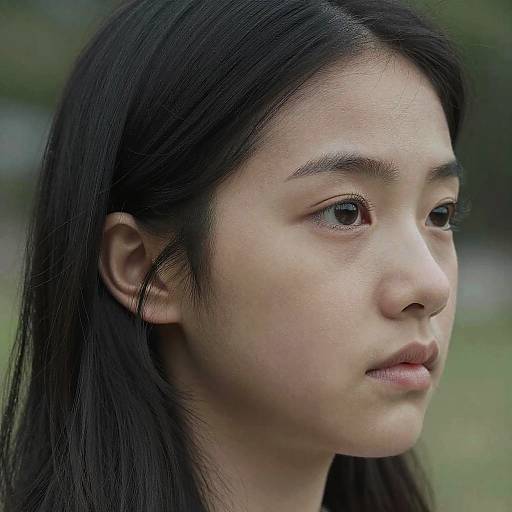 Photograph of a young Asian woman with long black hair, fair skin, and brown eyes, looking thoughtfully to the right, with a blurred green