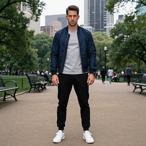 Photograph of a tall, muscular man with short dark hair and beard, wearing a navy jacket, gray shirt, black pants, and white sneakers,
