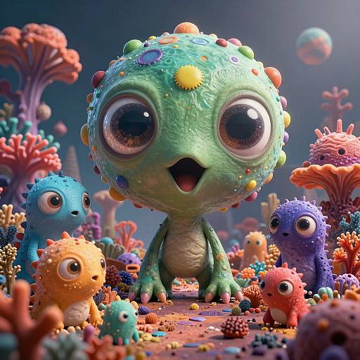 CGI cartoon image of a cute, green, spiky-eyed alien with big eyes, surrounded by colorful, textured alien creatures and vibrant coral-like plants