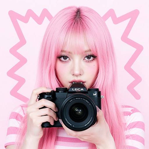 Photograph of an Asian woman with long pink hair holding a black Lomography camera, staring intently at the lens. Pink starburst background.