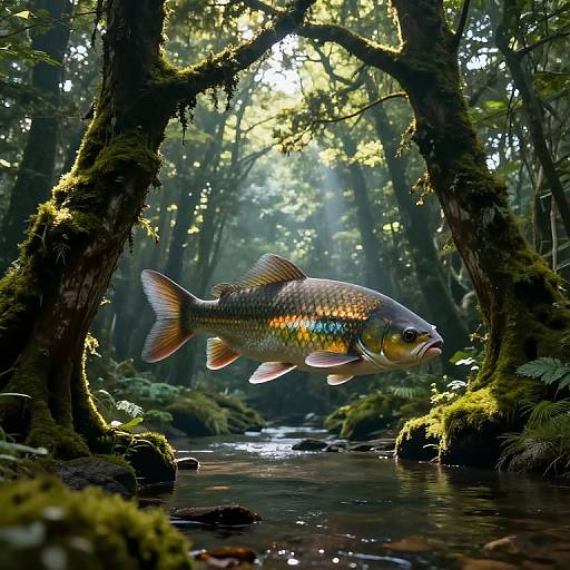 Photograph of a colorful fish with iridescent scales, swimming in a sunlit, moss-covered forest stream, framed by towering, mossy trees