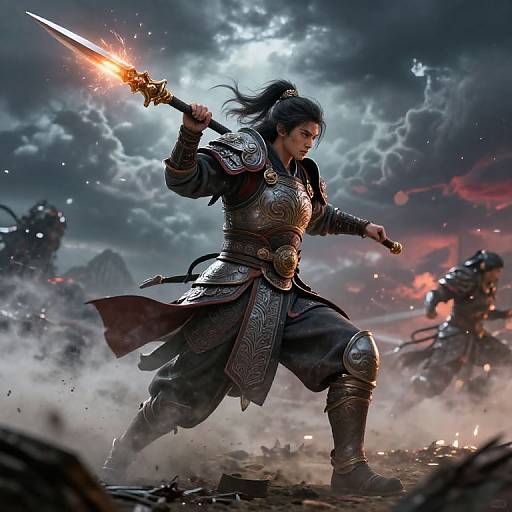 Digital artwork of a fierce, armored warrior woman with black hair in a ponytail, holding a glowing sword, amidst a smoky, cloud-filled battlefield
