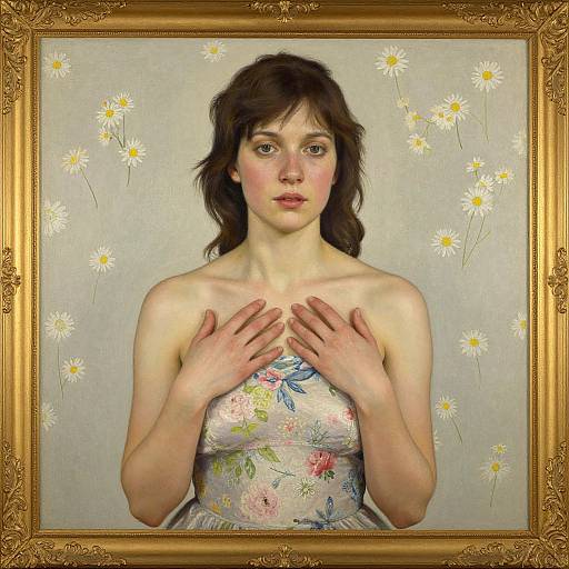 Digitally-painted portrait of a young woman with fair skin, brown hair, and blue eyes, wearing a floral strapless dress, hands on chest