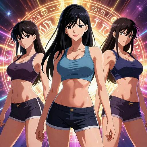 Anime-style digital illustration of three fit, black-haired women with large breasts, wearing blue sports bras and black shorts, standing confidently in front of a glowing