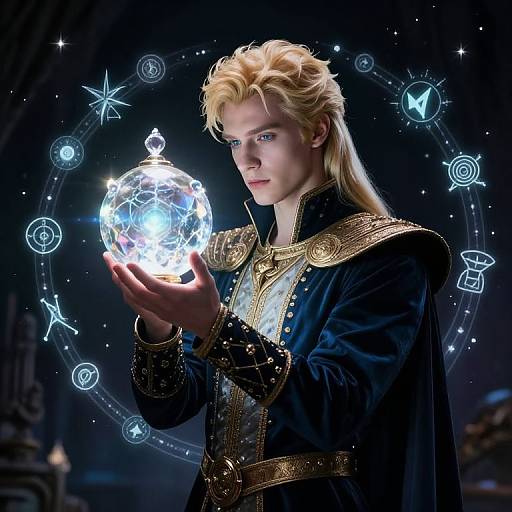 Digital artwork of a blonde, blue-eyed, fair-skinned male wizard in ornate black and gold robes, holding a glowing, magical crystal orb against