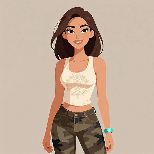 Digital illustration of a smiling woman with medium-length dark brown hair, wearing a white lace tank top and camouflage pants, with a turquoise bracelet on her right