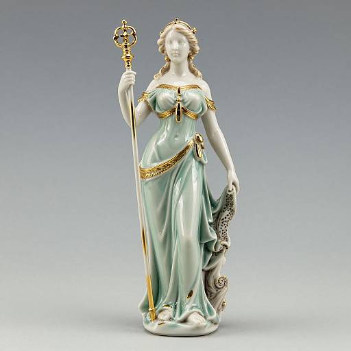 Photograph of a white porcelain statue of a regal woman in a mint green gown, holding a gold staff and draped fabric, with ornate gold