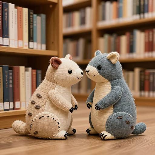 Photograph of two handmade, knitted stuffed animals—a cream-colored, spotted creature and a blue creature—sitting on a wooden floor in front of