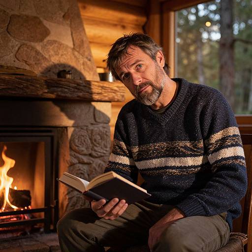 Photograph of a bearded middle-aged man with short brown hair, wearing a black and beige striped sweater, reading by a cozy stone fireplace in a