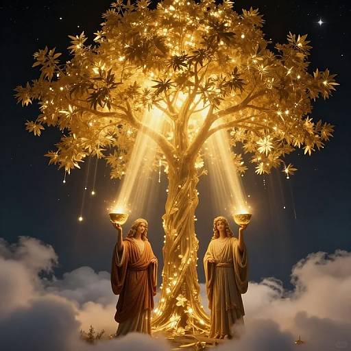 Photograph of two golden statues with torches, standing before an illuminated, glowing tree with radiant beams, set against a night sky with clouds.
