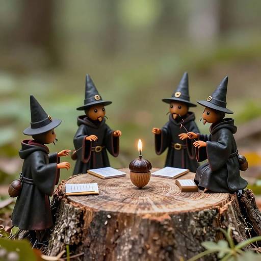 Photograph of four small witch dolls in black robes and hats, gathered around a candle-lit wooden stump in a forest, with books and spellbooks