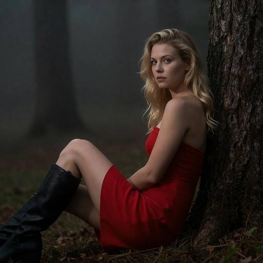 Blonde in Misty Forest Red Dress