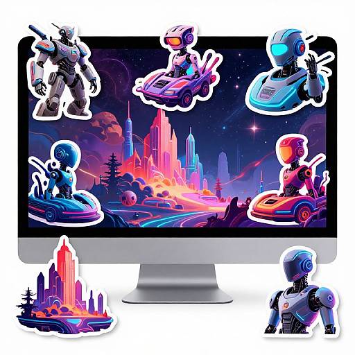 Vibrant digital illustration of six futuristic, neon-lit, robot drivers in cars, racing on a neon-lit, sci-fi cityscape background