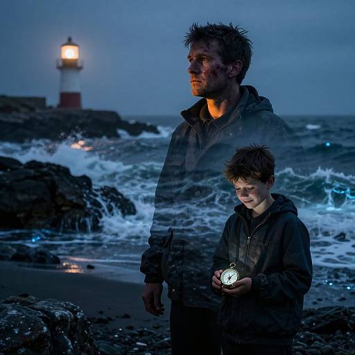 Photograph of a dirty, wet man and boy with spiky hair, holding a flashlight, standing by a rocky shore at night, with a distant