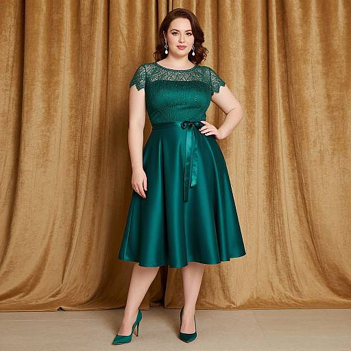 Photograph of a curvy woman with fair skin and brown hair, wearing a green lace-top, knee-length skirt dress and matching green heels, standing