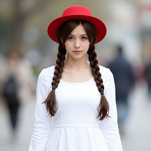 Photograph of a young woman with fair skin, dark braided hair, wearing a red hat and white dress, standing in a blurred urban street background