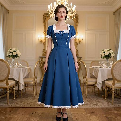 Photograph of a young woman in a blue, Victorian-style maid dress with white lace trim, standing in an elegant, chandelier-lit dining room