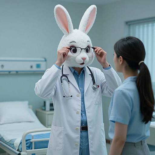 Photograph of a white-furred, anthropomorphic rabbit doctor adjusting glasses, wearing a lab coat and stethoscope, standing in a hospital room,