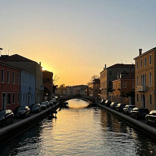 Photograph of a Venetian canal at sunset, with colorful buildings on either side, parked cars along the cobblestone streets, and a gently
